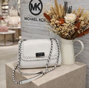 Michael‎ Kors White Saffiano Scallop Hannah Perforated Flap Shoulder Leather Bag
